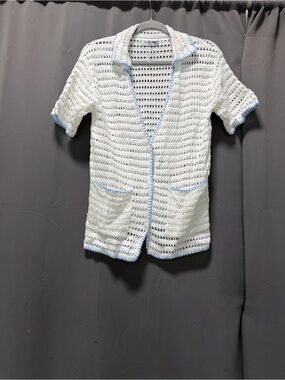 White Crochet Open-Front Cardigan with Light Blue Trim - S
